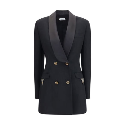 Blazer by Versace for women in virgin wool & silk satin black features an crisp silhouette with sophisticated and a crisp double-breasted shawl-collar neckline for a truly crisp finish.