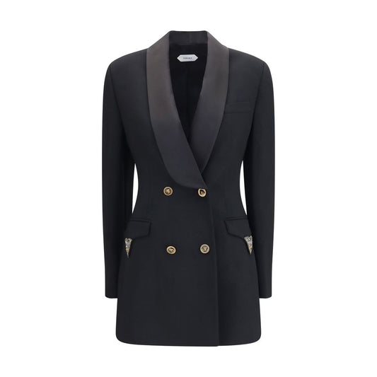 Blazer by Versace for women in virgin wool & silk satin black features an crisp silhouette with sophisticated and a crisp double-breasted shawl-collar neckline for a truly crisp finish.