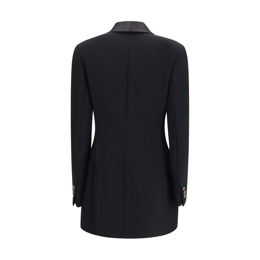 Blazer by Versace for women in virgin wool & silk satin black showcases a discerning silhouette, elegantly detailed with a sophisticated double-breasted shawl-collar neckline and premium for a truly discerning finish.