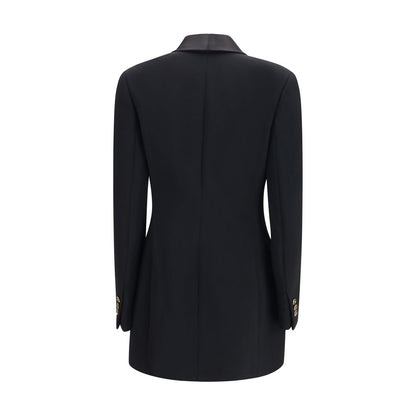 Blazer by Versace for women in virgin wool & silk satin black showcases a discerning silhouette, elegantly detailed with a sophisticated double-breasted shawl-collar neckline and premium for a truly discerning finish.