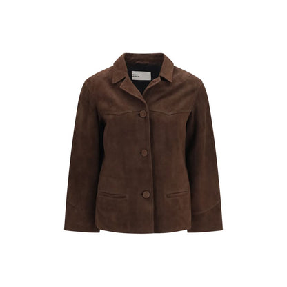 Jacket by Tory Burch for women in suede goatskin leather & viscose brown features an utilitarian silhouette with a refined , showcasing sophisticated pockets for an utilitarian aesthetic.
