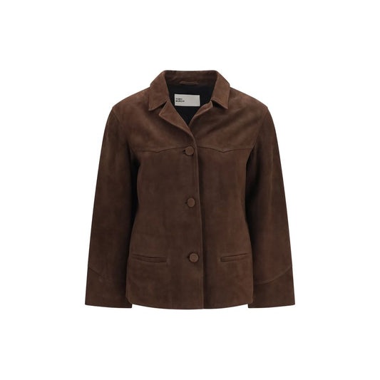 Jacket by Tory Burch for women in suede goatskin leather & viscose brown features an utilitarian silhouette with a refined , showcasing sophisticated pockets for an utilitarian aesthetic.