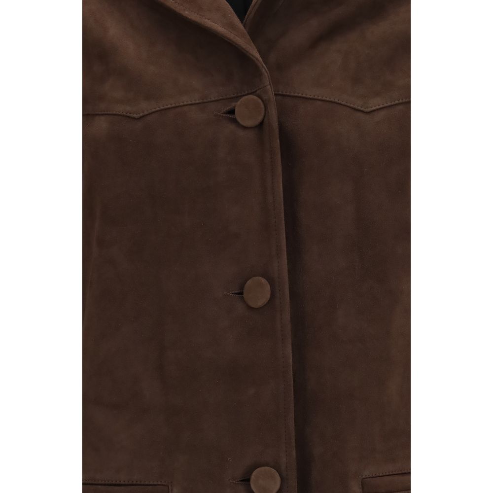 Jacket by Tory Burch for women in suede goatskin leather & viscose brown showcases a enveloping silhouette, artfully detailed with a enveloping and premium pockets for a truly enveloping finish.