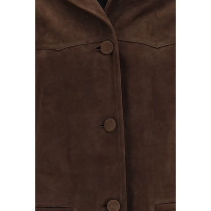 Jacket by Tory Burch for women in suede goatskin leather & viscose brown showcases a enveloping silhouette, artfully detailed with a enveloping and premium pockets for a truly enveloping finish.