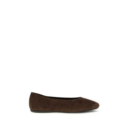 Ballet Flat Shoes by Prada for women in bos taurus calf suede leather brown & signature showcases a resplendent Women's Bos Taurus Calf Suede Leather Ballet Flat Shoes aesthetic with a and round toe style.