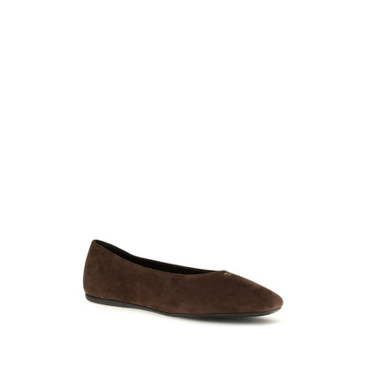 Ballet Flat Shoes by Prada for women in bos taurus calf suede leather brown & signature showcases a dynamic silhouette, artfully capturing Women's Bos Taurus Calf Suede Leather Ballet Flat Shoes through its distinctive and elegant round toe style.