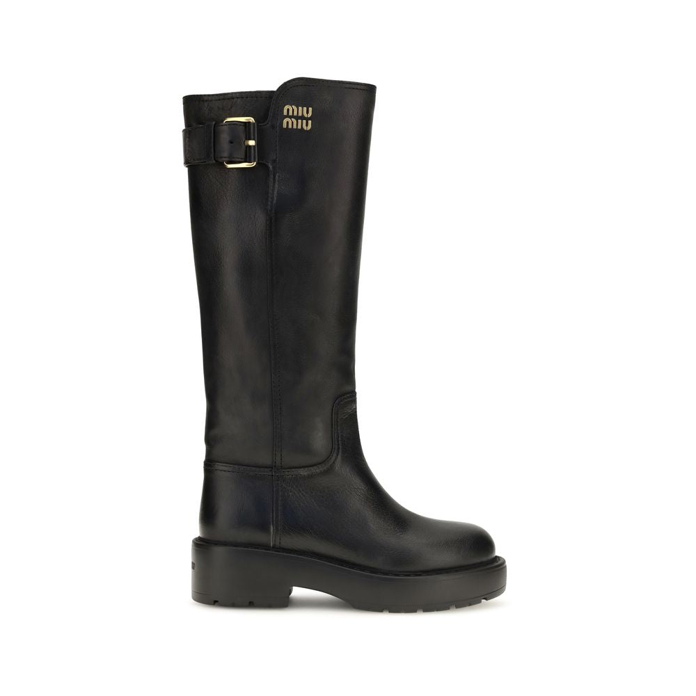 Platform High Knee-High Boots by Miu Miu for women in bos taurus calf leather black features an high-performance silhouette, showcasing the sophisticated design of the Women's Bos Taurus Calf Leather Platform High Knee-High Boots with a platform and a refined round toe style.