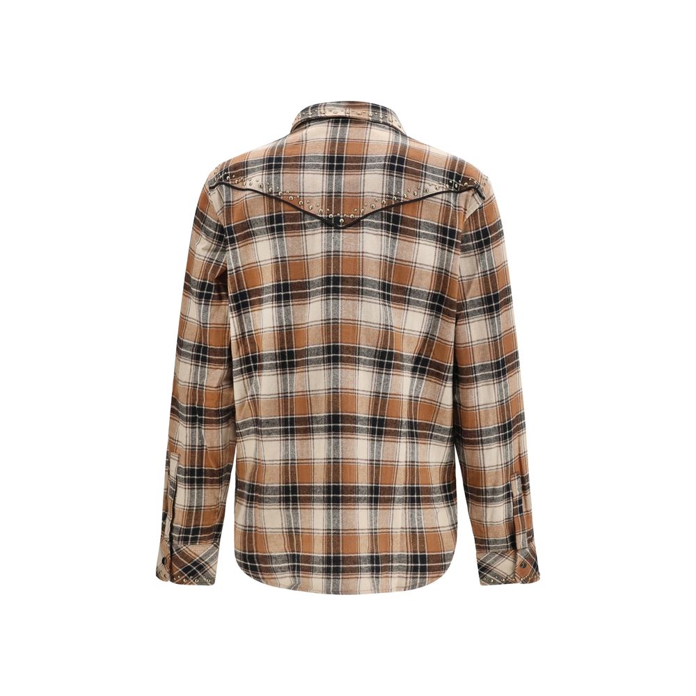 Shirt by P.A.R.O.S.H. for women in cotton brown, patterned & checked showcases a sharp silhouette, elegantly detailed with a sharp and sharp .