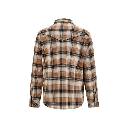 Shirt by P.A.R.O.S.H. for women in cotton brown, patterned & checked showcases a sharp silhouette, elegantly detailed with a sharp and sharp .