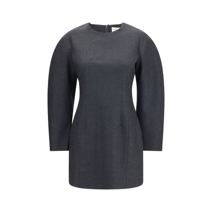 Dress by P.A.R.O.S.H. for women in wool gray features a dramatic silhouette, showcasing an elegant round neckline and long-sleeve that flows into a dramatic short.