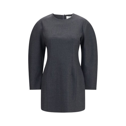 Dress by P.A.R.O.S.H. for women in wool gray features a dramatic silhouette, showcasing an elegant round neckline and long-sleeve that flows into a dramatic short.