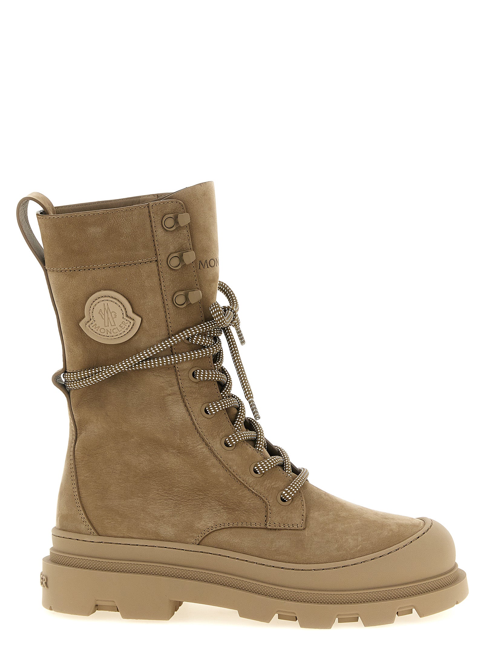 Lace-Up Boots by Moncler for women in nubuck embossed leather beige & signature features an enchanting design from the Vera Women's Nubuck Embossed Leather Lace-Up Boots collection, highlighting a enchanting and for a refined look.