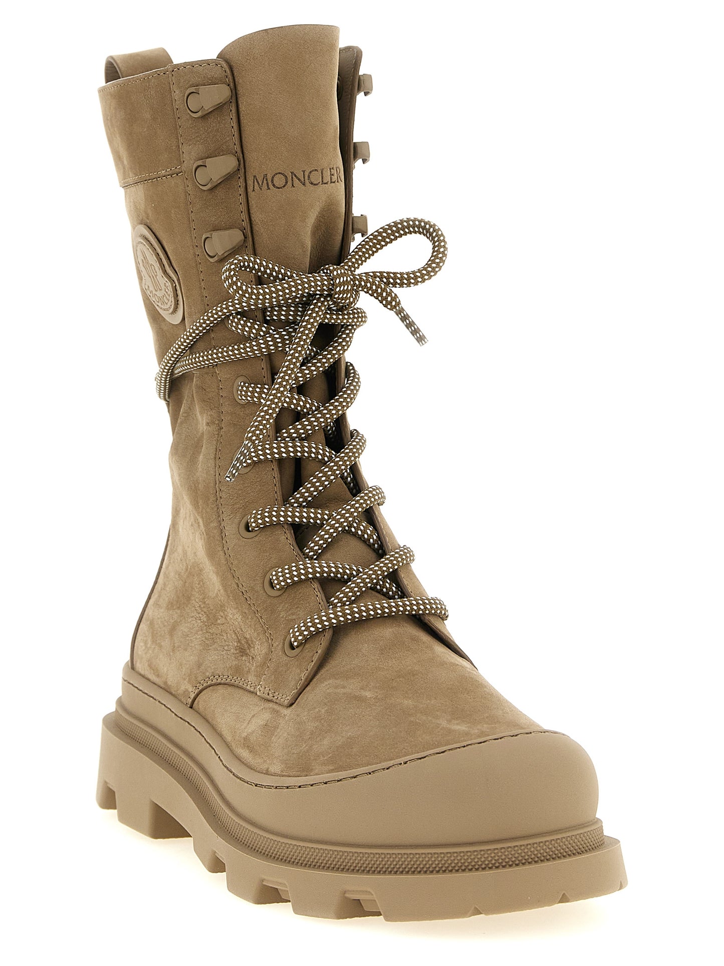 Lace-Up Boots by Moncler for women in nubuck embossed leather beige & signature features an effortless chic silhouette from the Vera Women's Nubuck Embossed Leather Lace-Up Boots collection, showcasing a effortless chic and refined for an effortless chic look.