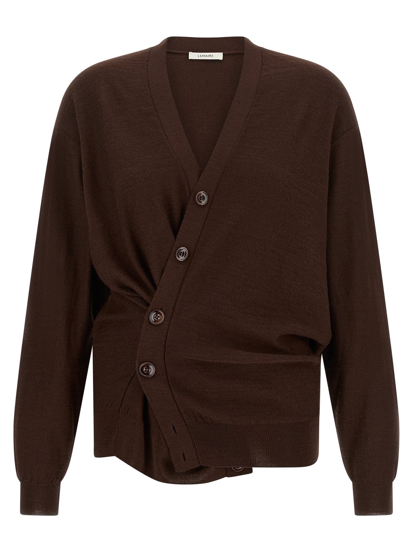 Cardigan by Lemaire for women in wool acrylic bordeaux showcases a luxurious silhouette, meticulously detailed with a sophisticated v-neck neckline and for a refined finish.
