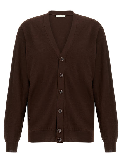 Cardigan by Lemaire for women in wool acrylic bordeaux features an impeccable silhouette, showcasing a sophisticated v-neck neckline and detail for a truly impeccable finish.