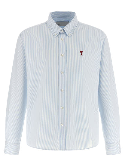 Blouse by Ami Paris for men in cotton felt light-blue & striped features an architectural silhouette with a refined and elegant for a architectural look.
