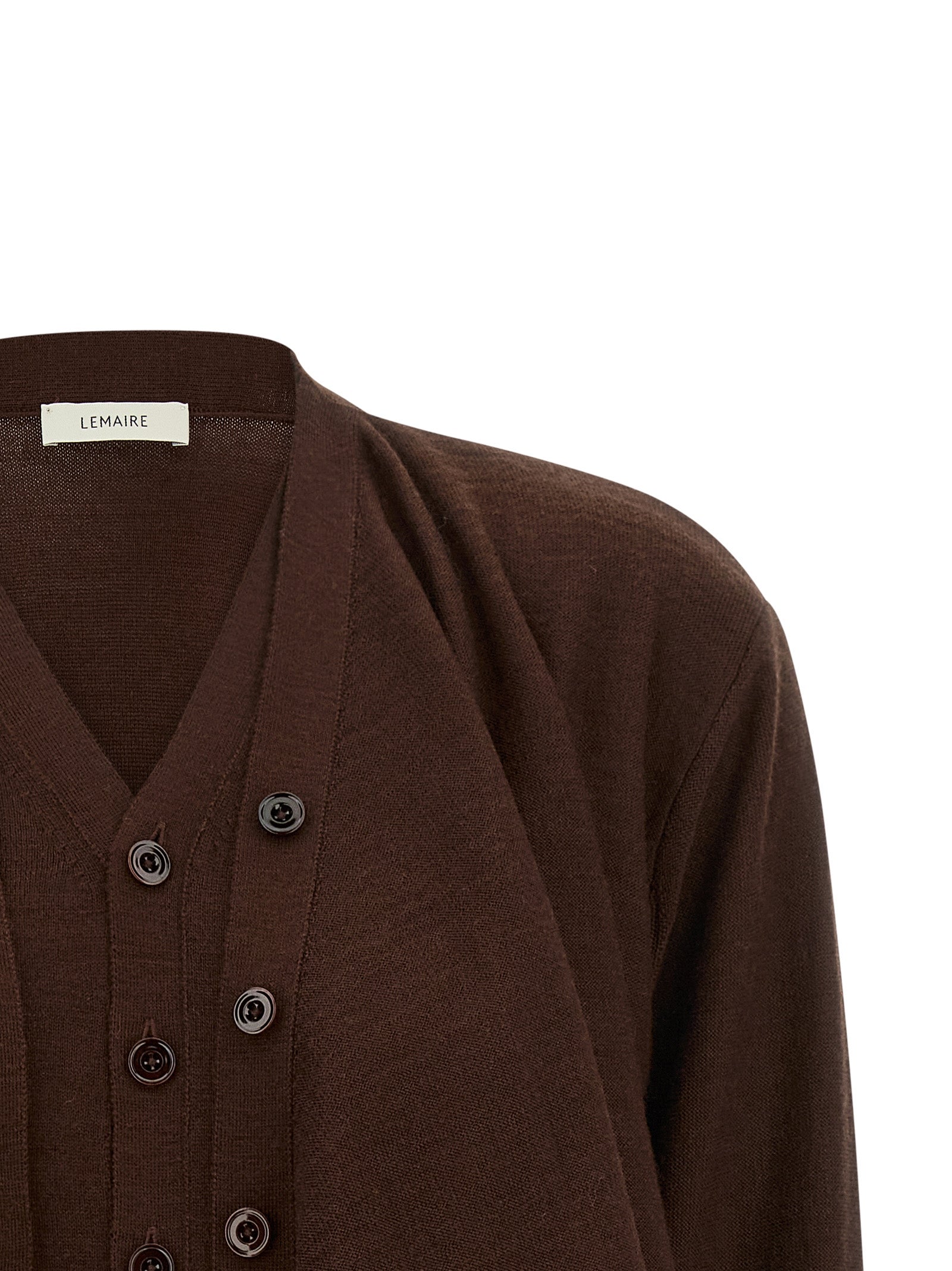 Cardigan by Lemaire for women in wool acrylic bordeaux features an impeccable silhouette, showcasing a sophisticated v-neck neckline and detail for a truly impeccable finish.