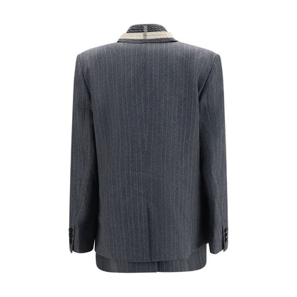 Vest by Sacai for women in wool gray & pinstripe features an on trend silhouette, showcasing a sophisticated single-breasted neckline and premium pockets for a truly on trend finish.