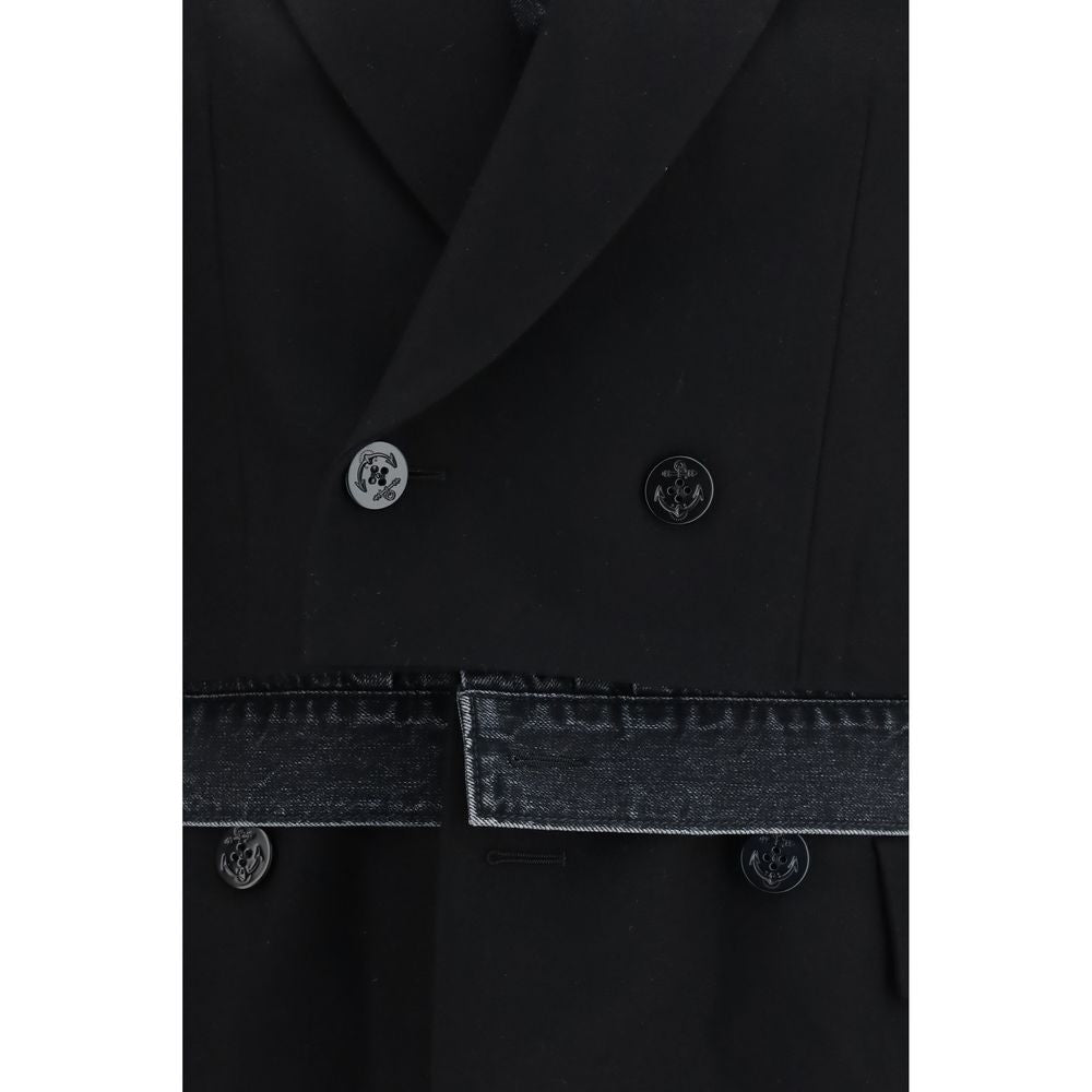 Trucker Jacket by Sacai for women in wool flannel & denim cotton black features a dramatic silhouette, showcasing a sophisticated and distinctive pockets & insulated for a dramatic aesthetic.