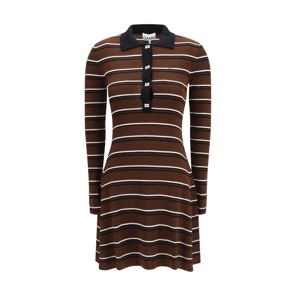Dress by Ganni for women in wool brown, patterned & striped features a dramatic silhouette, showcasing an elegant and long-sleeve that flows into a dramatic short.
