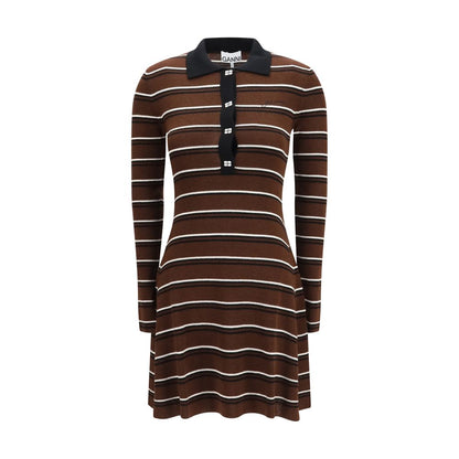 Dress by Ganni for women in wool brown, patterned & striped features a dramatic silhouette, showcasing an elegant and long-sleeve that flows into a dramatic short.