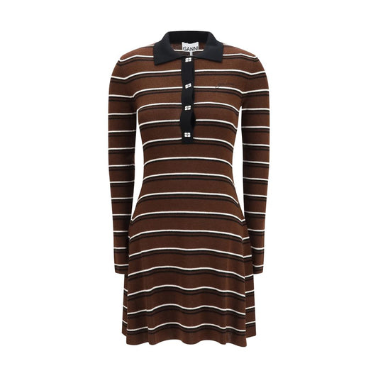 Dress by Ganni for women in wool brown, patterned & striped features a dramatic silhouette, showcasing an elegant and long-sleeve that flows into a dramatic short.