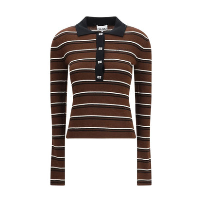 Polo Shirt by Ganni for women in wool brown & striped features a eye catching silhouette, showcasing a refined and long-sleeve for a eye catching finish.