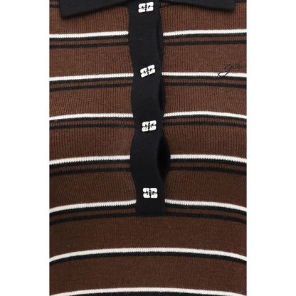 Dress by Ganni for women in wool brown, patterned & striped features an eye catching silhouette with a sophisticated , elegant , and a refined short for a eye catching aesthetic.
