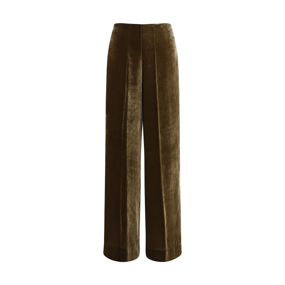 Palazzo Pants by P.A.R.O.S.H. for women in viscose silk velvet brown presents a tailored silhouette, showcasing a tailored regular-fit & wide and long cut with a refined for a truly tailored aesthetic.