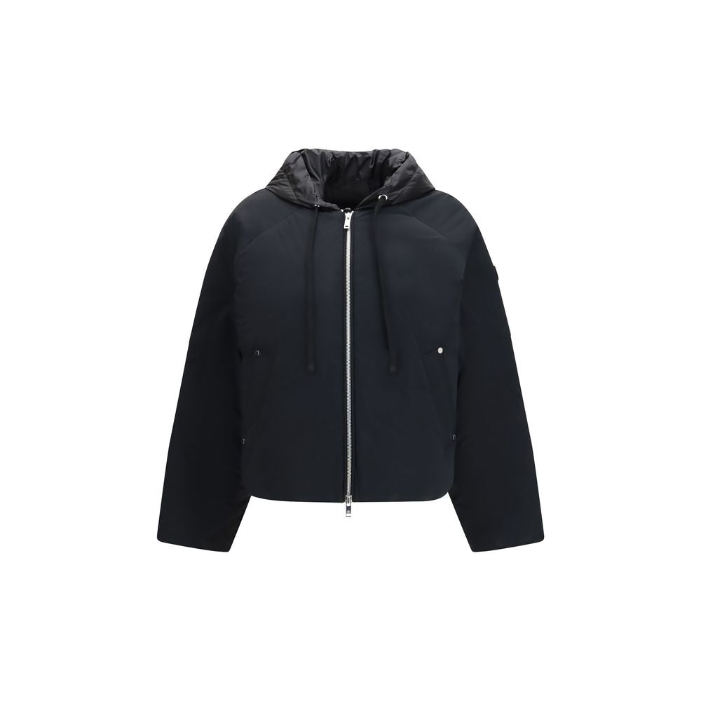 Hooded Bomber Jacket by Moose Knuckles for women in nylon & duck-down black features an contemporary silhouette, showcasing a sophisticated hooded neckline and contemporary breathable-design, pockets, hooded & insulated for a truly refined look.
