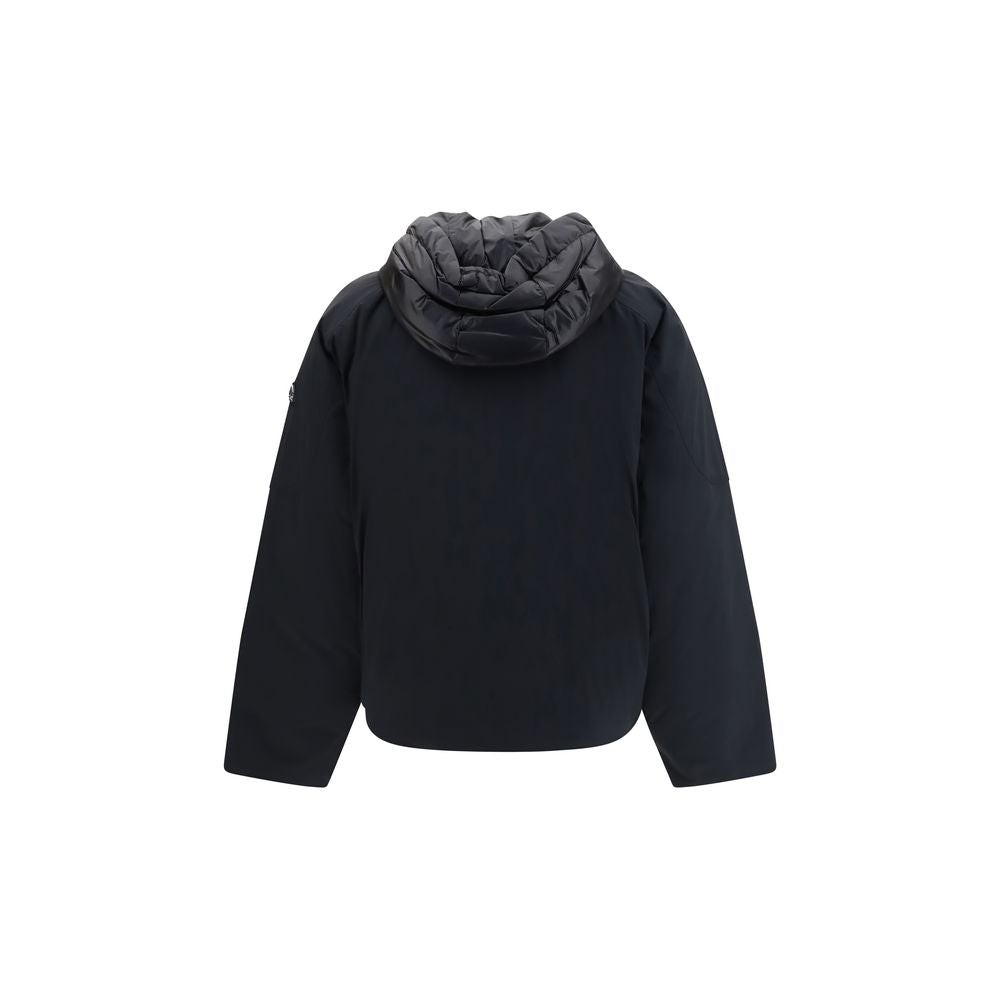 Hooded Bomber Jacket by Moose Knuckles for women in nylon & duck-down black features a city-ready silhouette, detailed with breathable-design, pockets, hooded & insulated and a city-ready hooded neckline.
