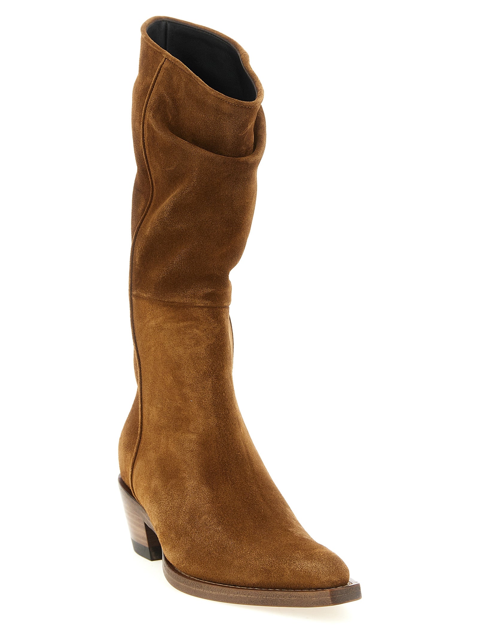 Chelsea Cowboy Mid-Calf Boots by Khaite for women in calfskin suede leather brown features an effortless chic silhouette from the Women's Calfskin Suede Leather Chelsea Cowboy Mid-Calf Boots collection, showcasing a effortless chic block-heel and refined for an effortless chic look.