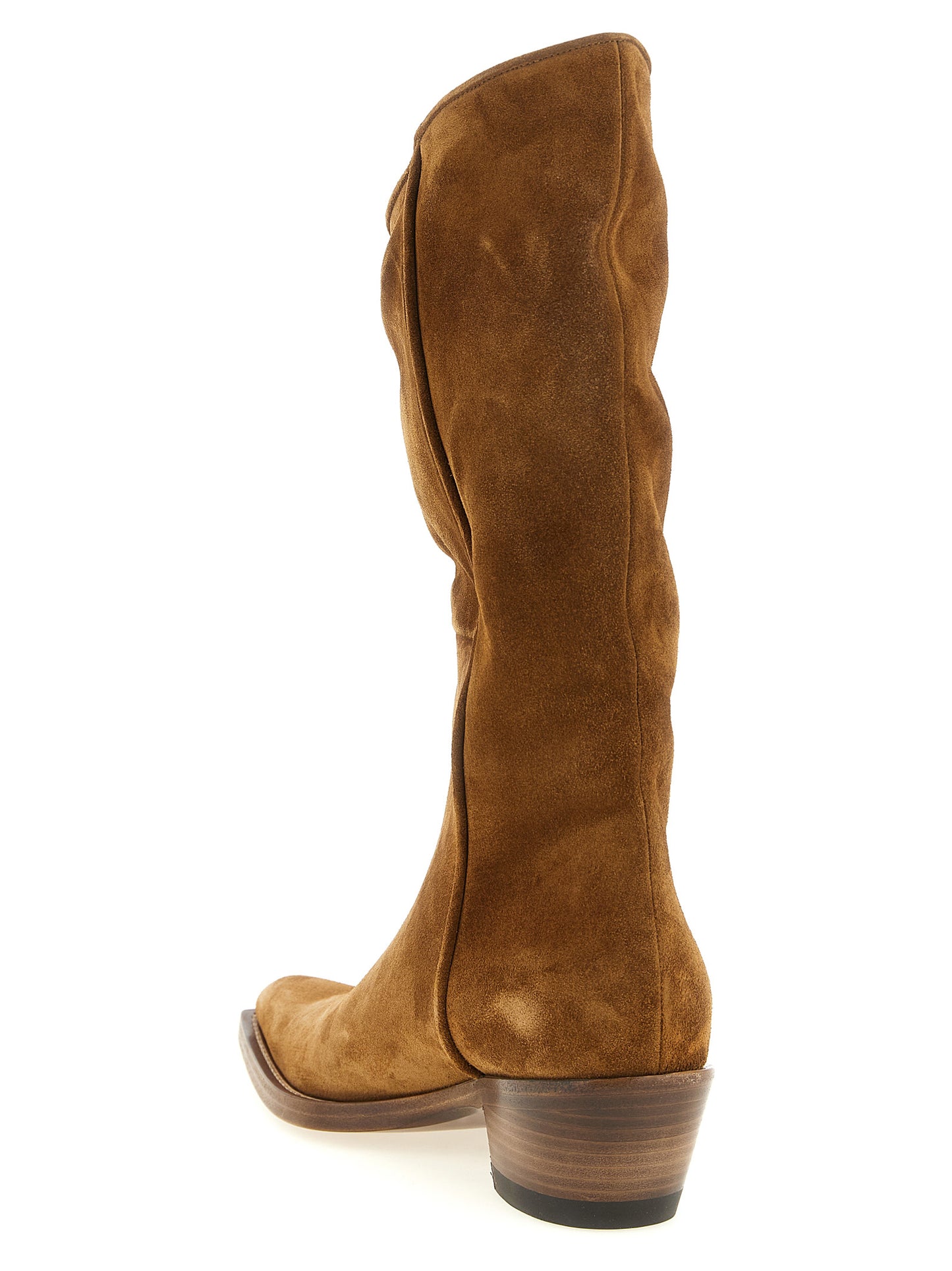 Chelsea Cowboy Mid-Calf Boots by Khaite for women in calfskin suede leather brown features an avant-garde Women's Calfskin Suede Leather Chelsea Cowboy Mid-Calf Boots silhouette, defined by a sophisticated block-heel and a avant-garde .