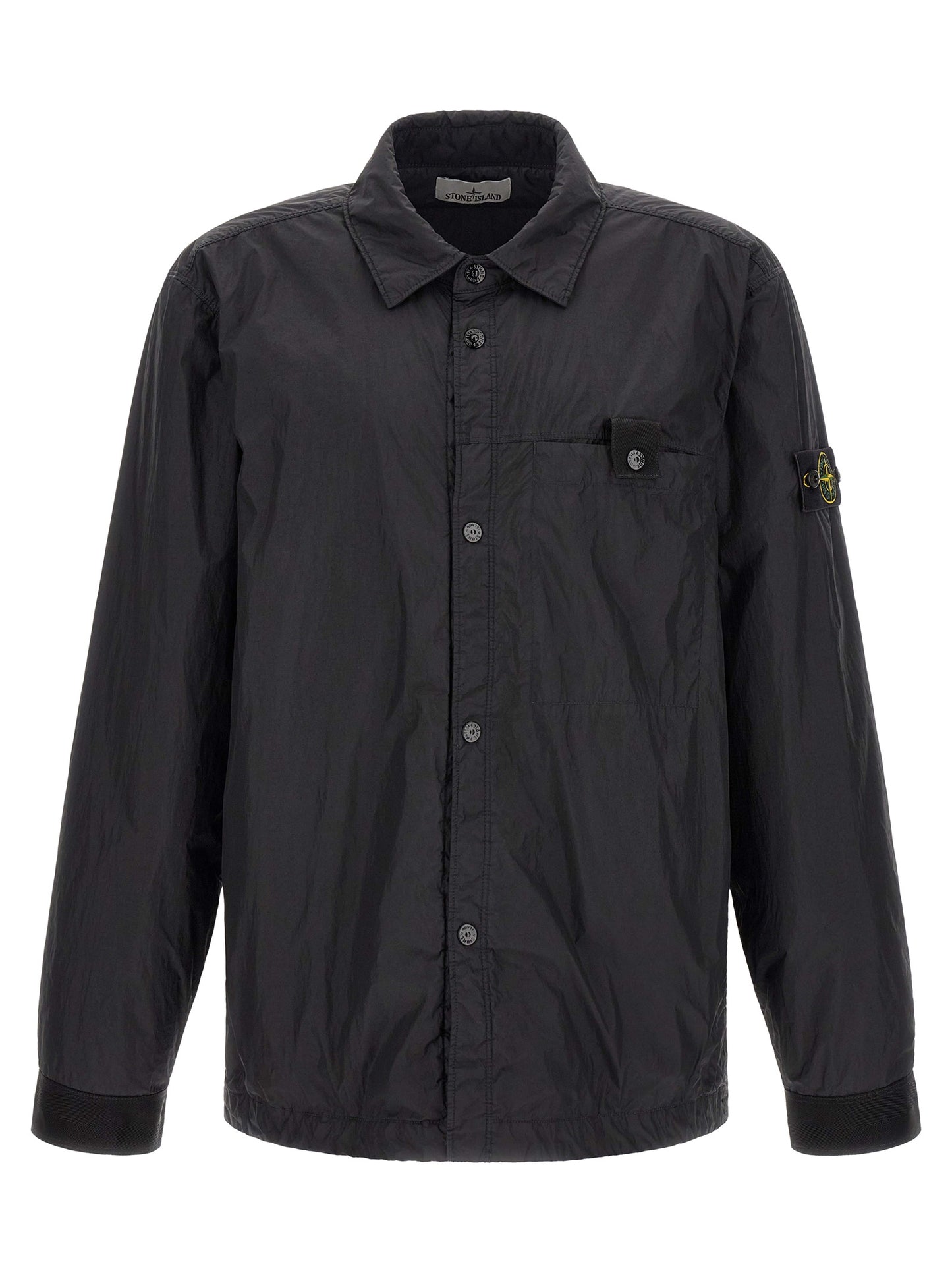 Windbreaker Jacket by Stone Island for men in nylon & resin black & signature presents a resilient silhouette, artfully detailed with a sophisticated shirt-collar neckline and functional lightweight & windproof for a resilient finish.