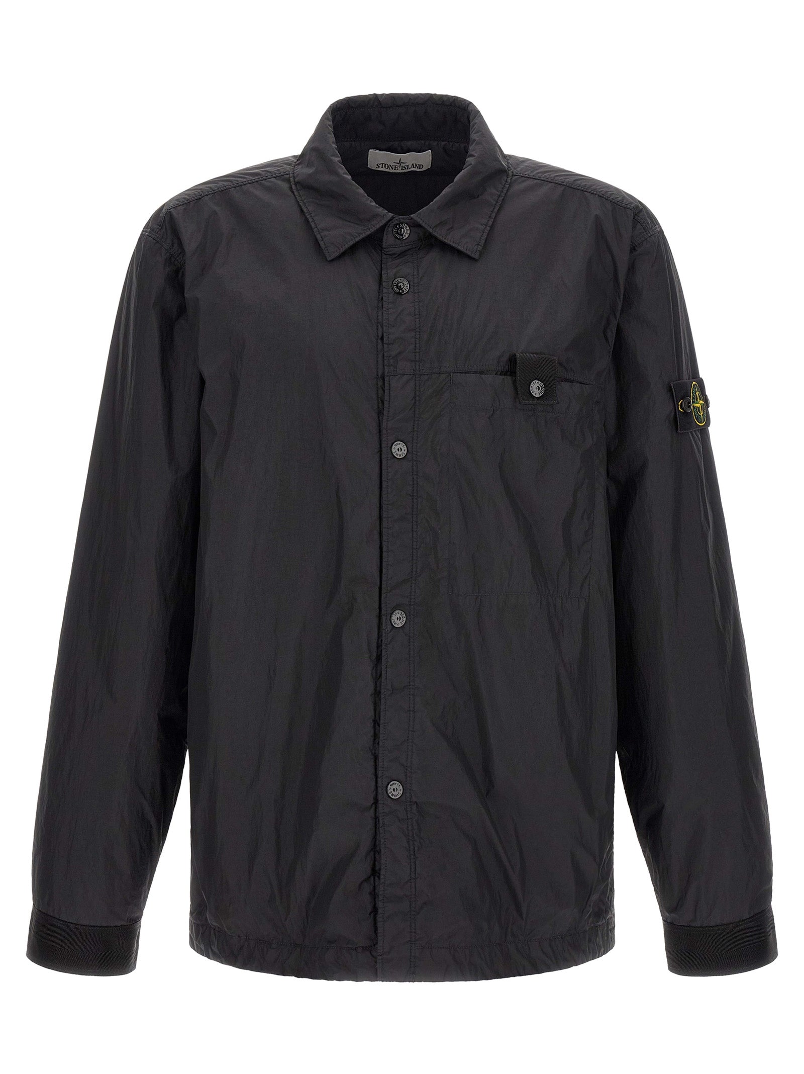 Windbreaker Jacket by Stone Island for men in nylon & resin black & signature presents a resilient silhouette, artfully detailed with a sophisticated shirt-collar neckline and functional lightweight & windproof for a resilient finish.