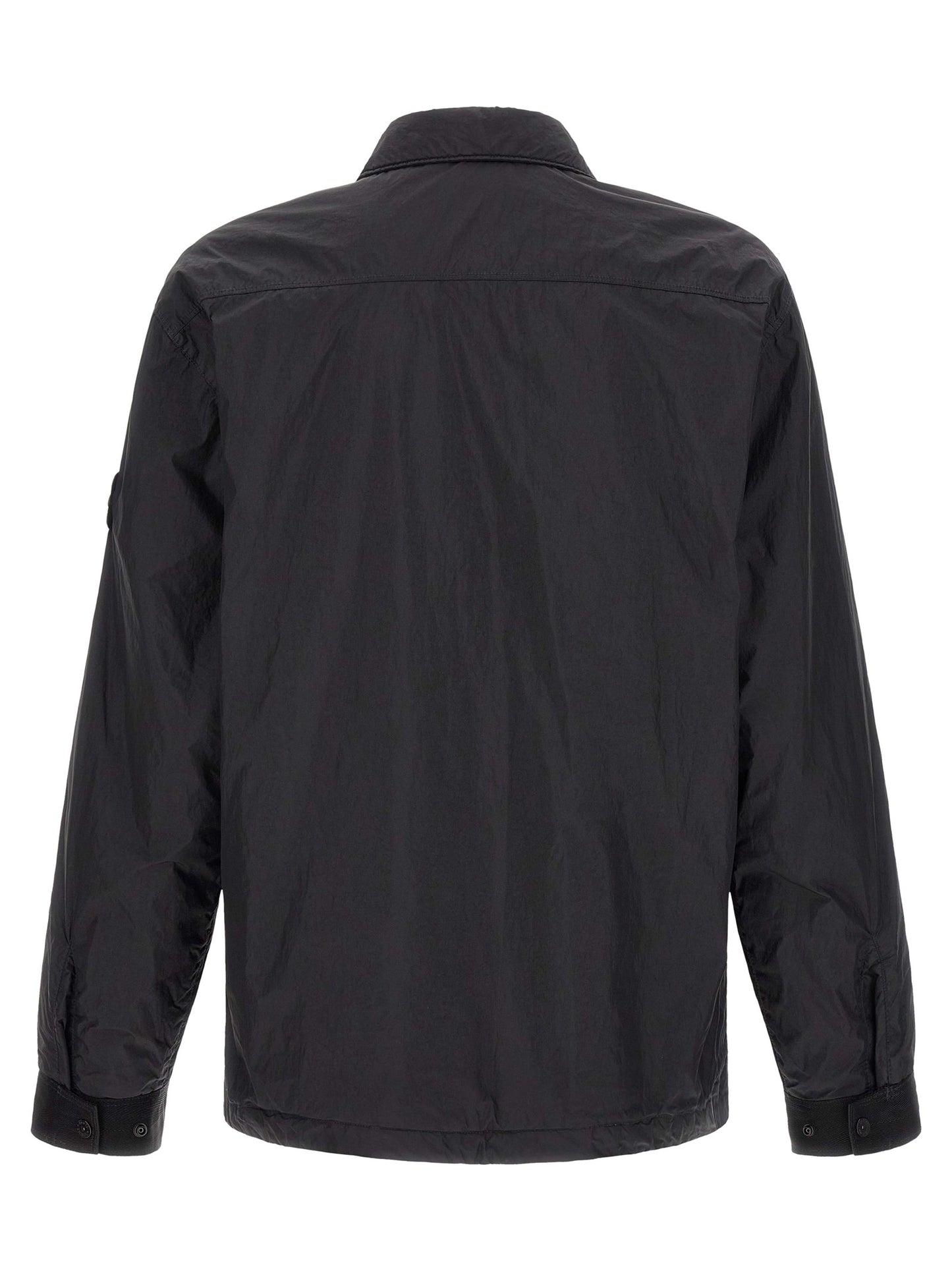 Windbreaker Jacket by Stone Island for men in nylon & resin black & signature features an enduring silhouette, showcasing technical lightweight & windproof and a sophisticated shirt-collar neckline for a truly enduring aesthetic.