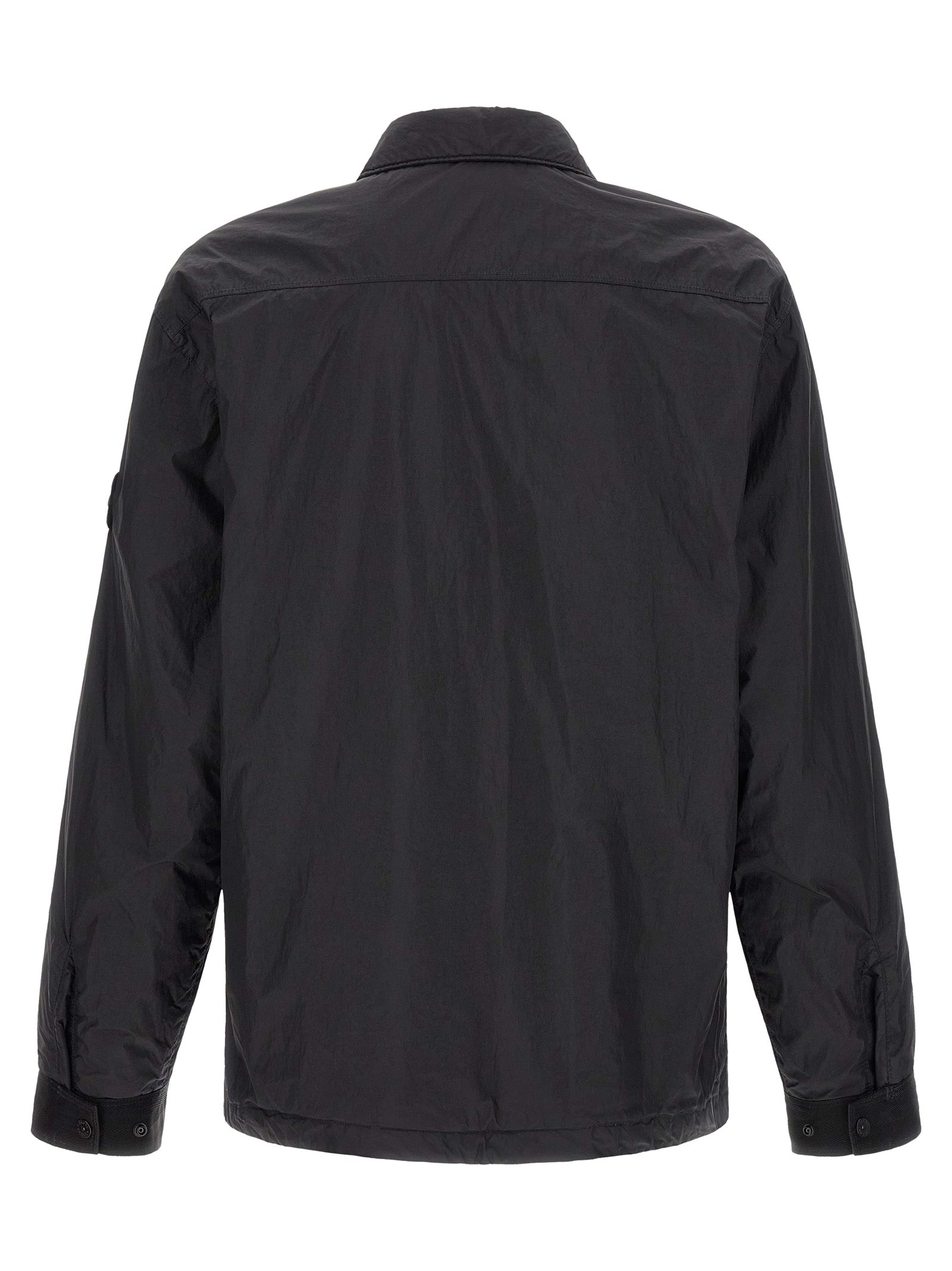 Windbreaker Jacket by Stone Island for men in nylon & resin black & signature features an enduring silhouette, showcasing technical lightweight & windproof and a sophisticated shirt-collar neckline for a truly enduring aesthetic.