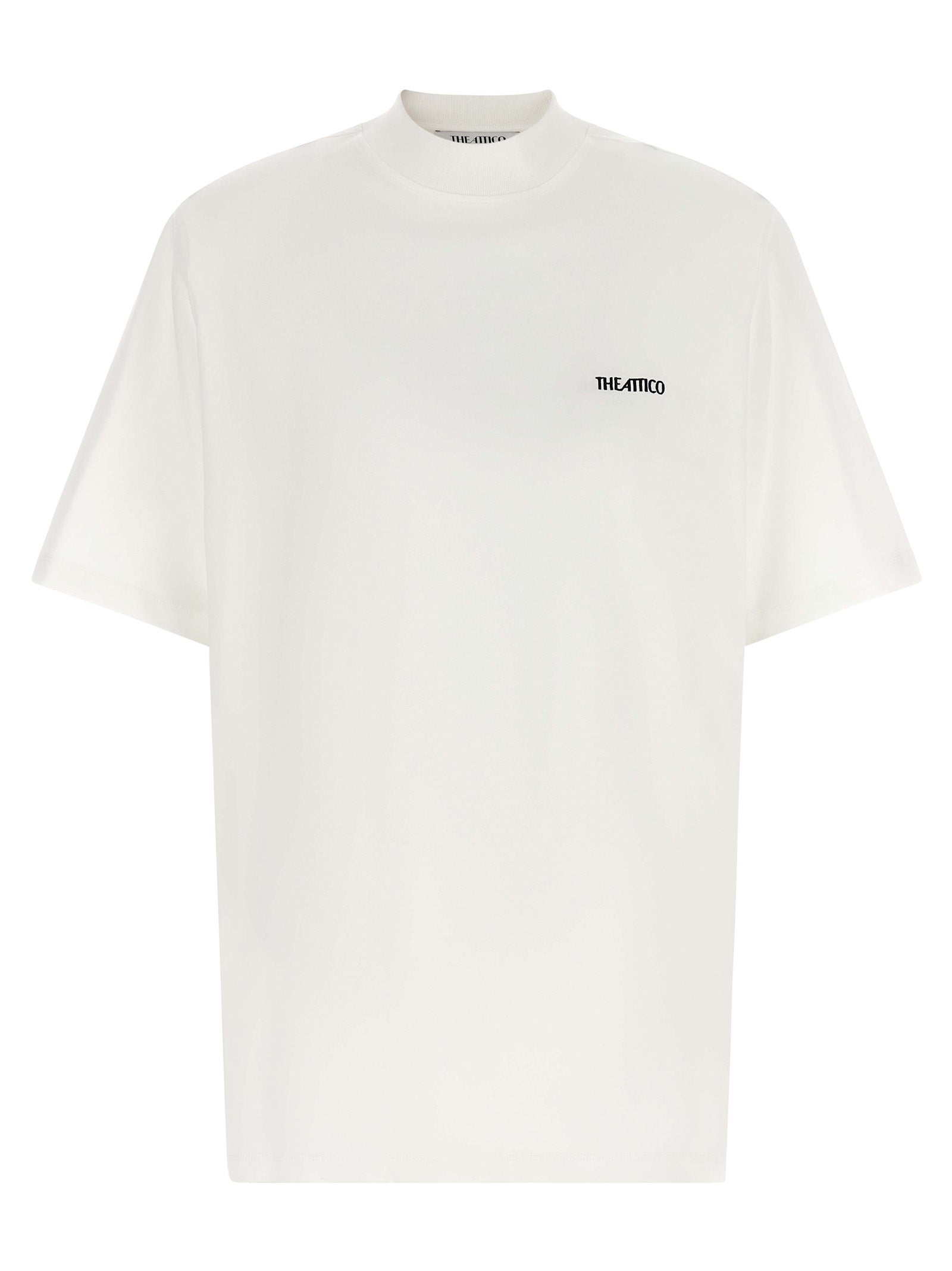 T-Shirt by The Attico for women in cotton white showcases a dramatic silhouette, elegantly detailed with a dramatic mock neckline and short-sleeve for a truly dramatic finish.