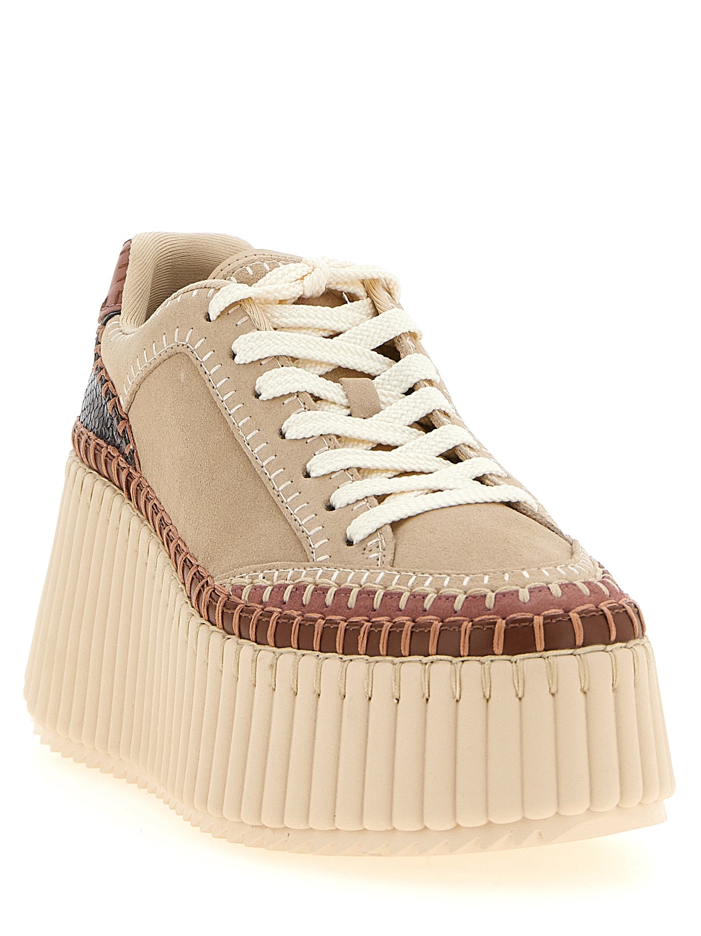 Platform Wedge Sandals by Chloé for women in polyester suede leather beige features an exquisite silhouette, showcasing the exquisite Women's Polyester Suede Leather Platform Wedge Sandals with a platform wedge and .
