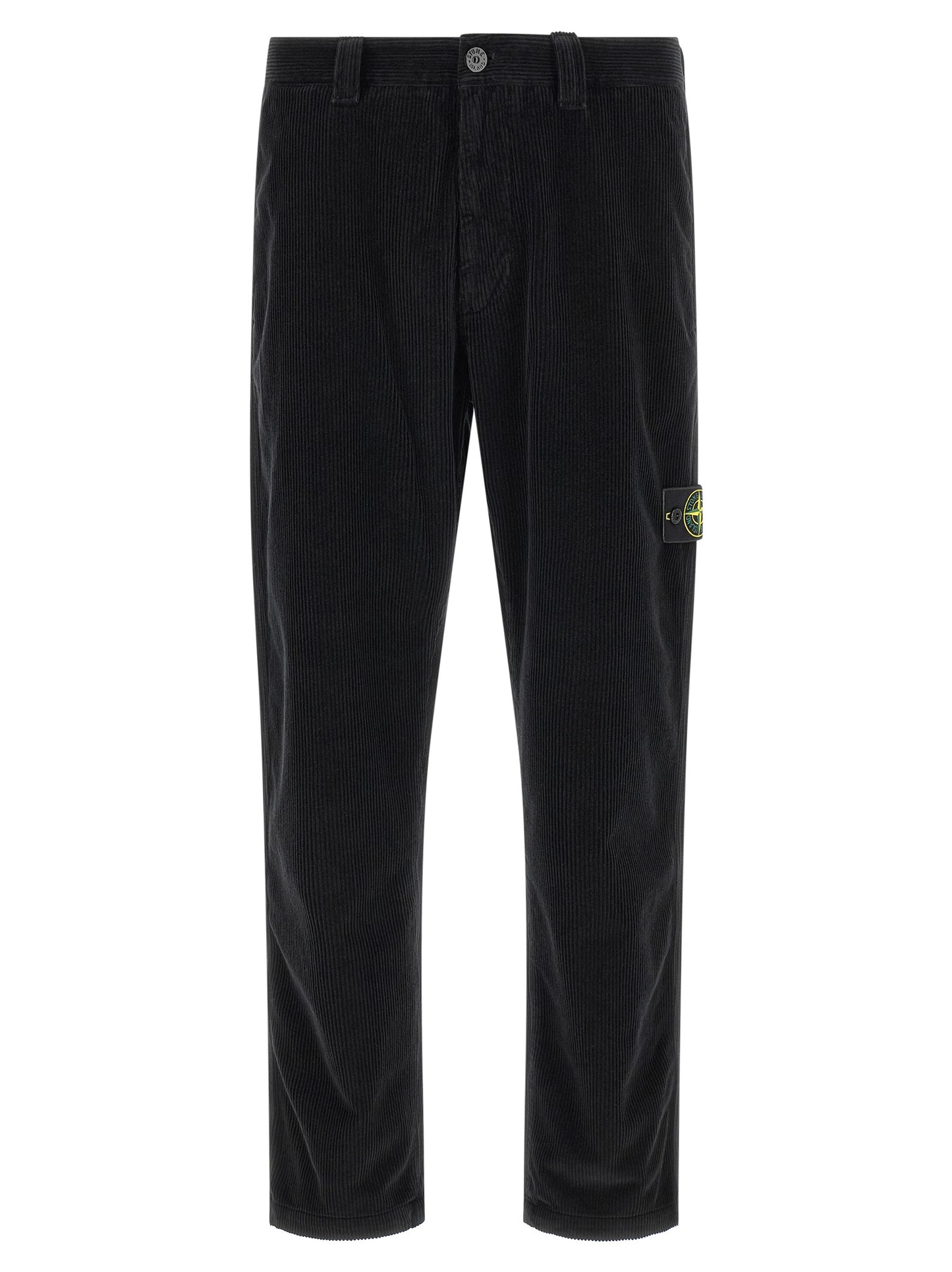 Trousers by Stone Island for men in organic cotton corduroy black presents a perennial silhouette, meticulously tailored with a cut, long finish, and an elegant .
