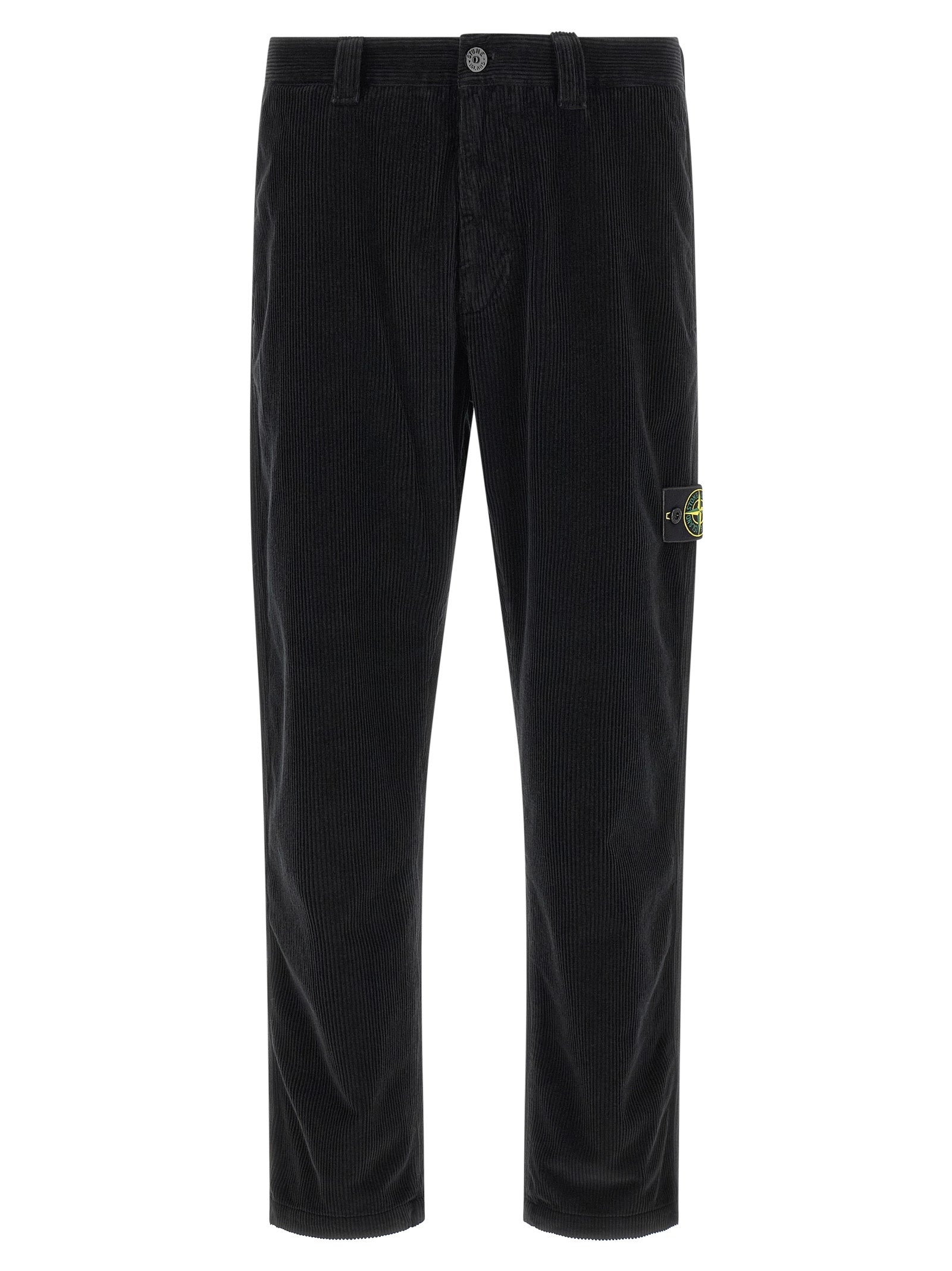 Trousers by Stone Island for men in organic cotton corduroy black presents a perennial silhouette, meticulously tailored with a cut, long finish, and an elegant .
