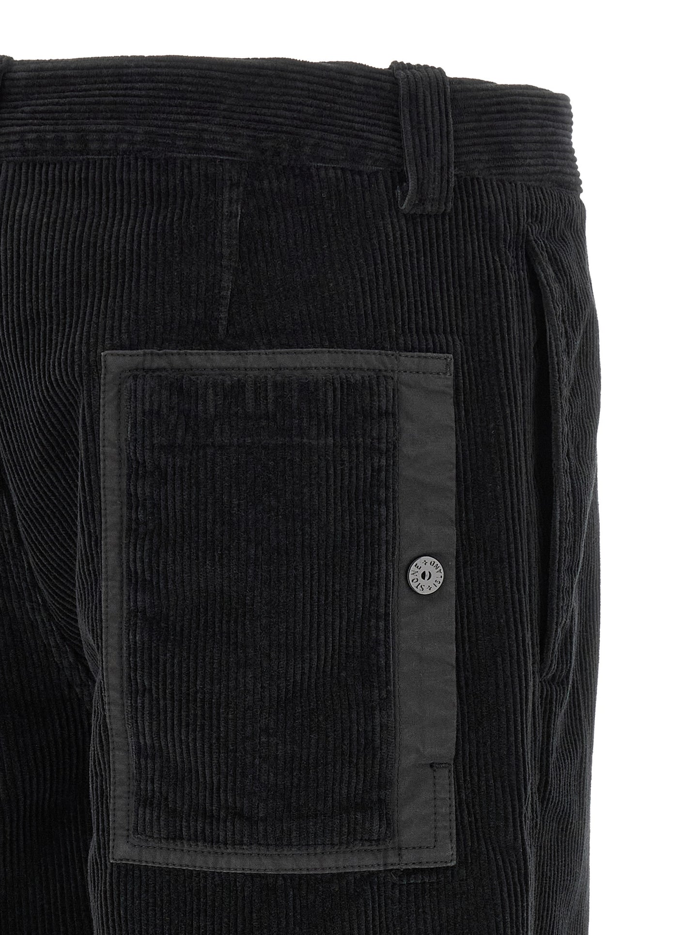 Trousers by Stone Island for men in organic cotton corduroy black features an sartorial silhouette, showcasing a precise and long with a sartorial for a refined look.