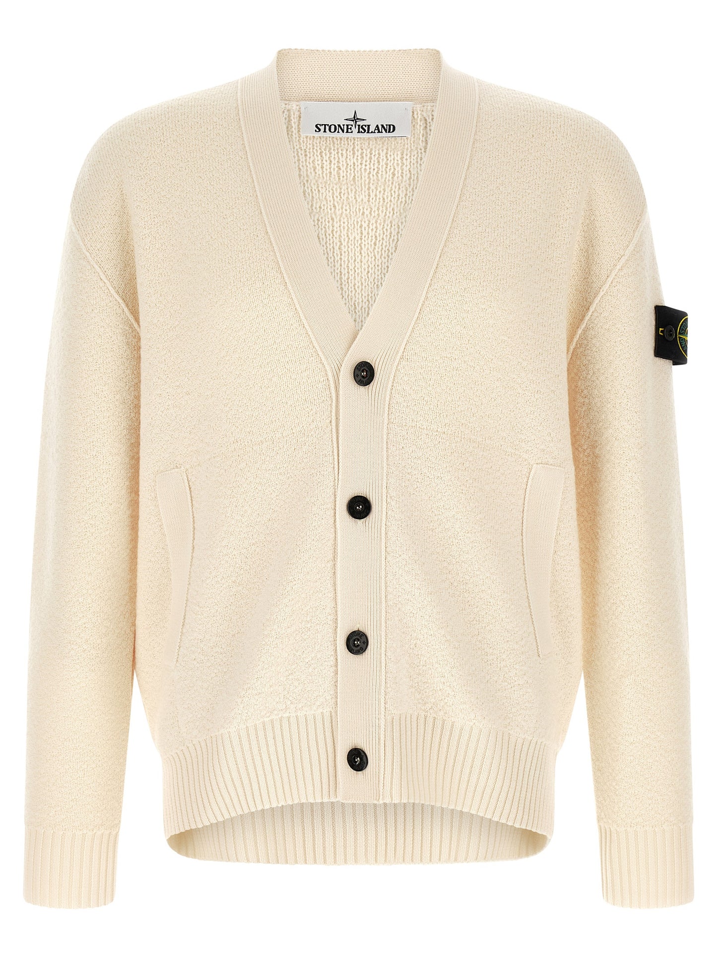 Cardigan by Stone Island for men in virgin wool white features an impeccable silhouette, showcasing a sophisticated v-neck neckline and detail for a truly impeccable finish.