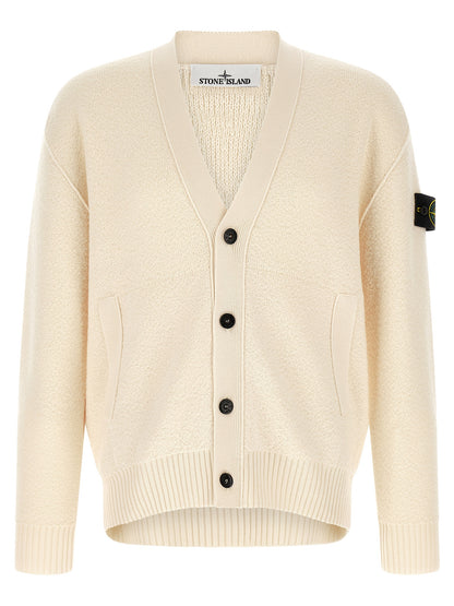 Cardigan by Stone Island for men in virgin wool white features an impeccable silhouette, showcasing a sophisticated v-neck neckline and detail for a truly impeccable finish.
