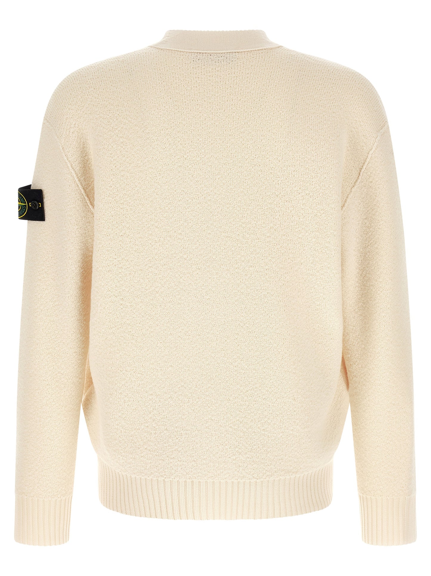 Cardigan by Stone Island for men in virgin wool white showcases a captivating silhouette, artfully detailed with a captivating and v-neck neckline for a truly sophisticated captivating look.