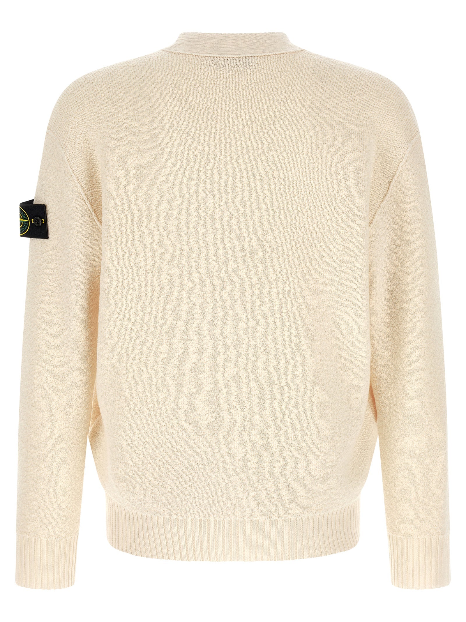 Cardigan by Stone Island for men in virgin wool white showcases a captivating silhouette, artfully detailed with a captivating and v-neck neckline for a truly sophisticated captivating look.