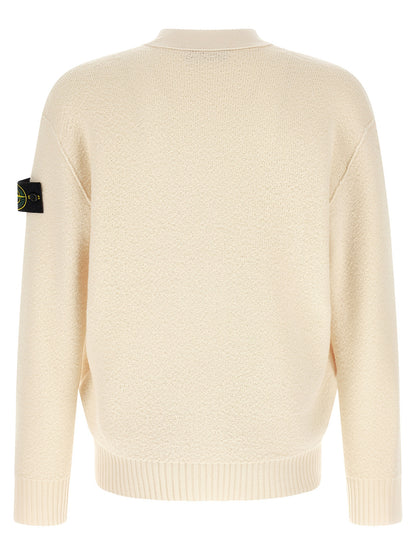 Cardigan by Stone Island for men in virgin wool white showcases a captivating silhouette, artfully detailed with a captivating and v-neck neckline for a truly sophisticated captivating look.