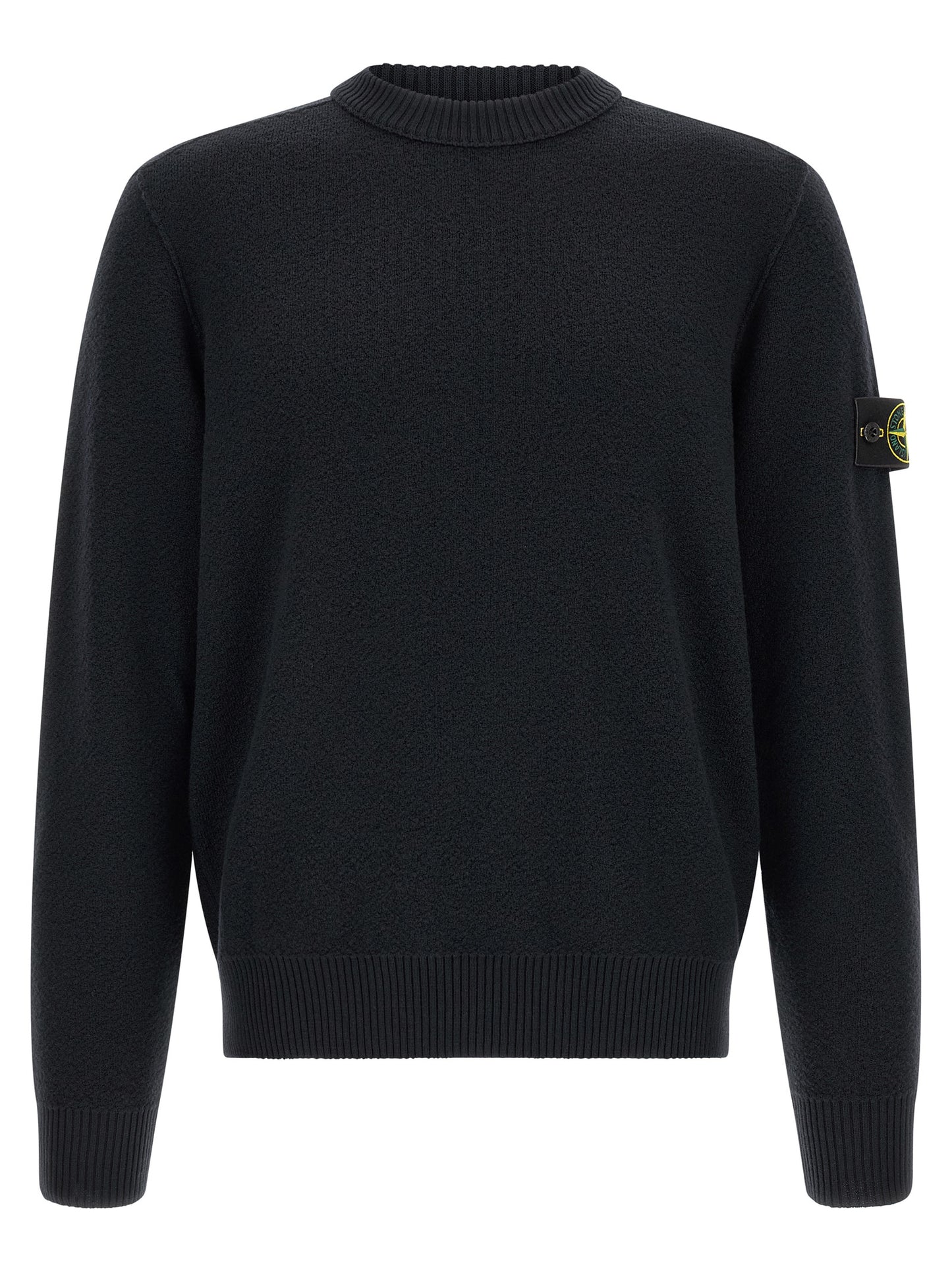 Cardigan by Stone Island for men in virgin wool blue features a dramatic silhouette, showcasing a sophisticated crew neckline and dramatic detail for a timeless, premium look.