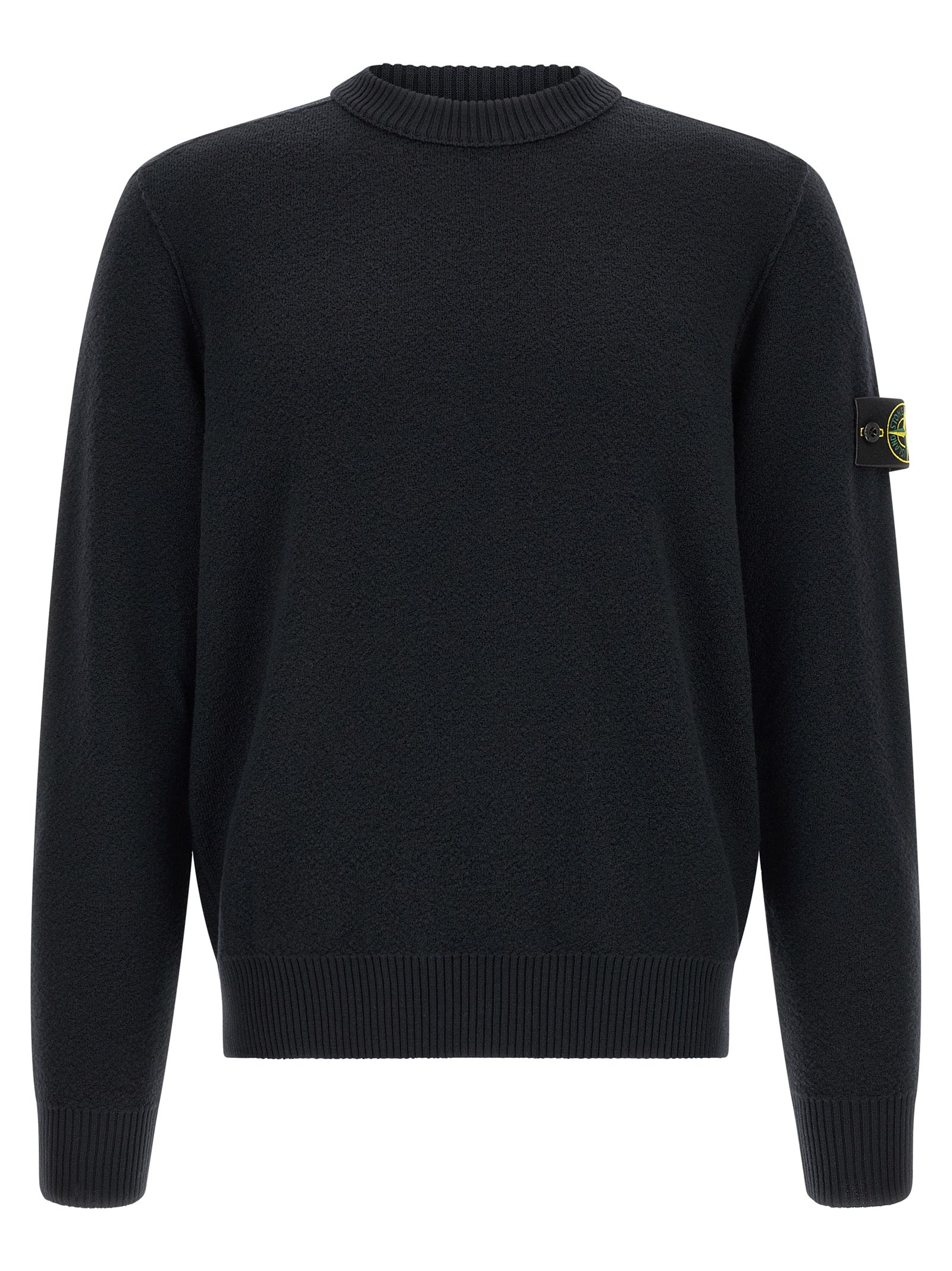 Cardigan by Stone Island for men in virgin wool blue features a dramatic silhouette, showcasing a sophisticated crew neckline and dramatic detail for a timeless, premium look.