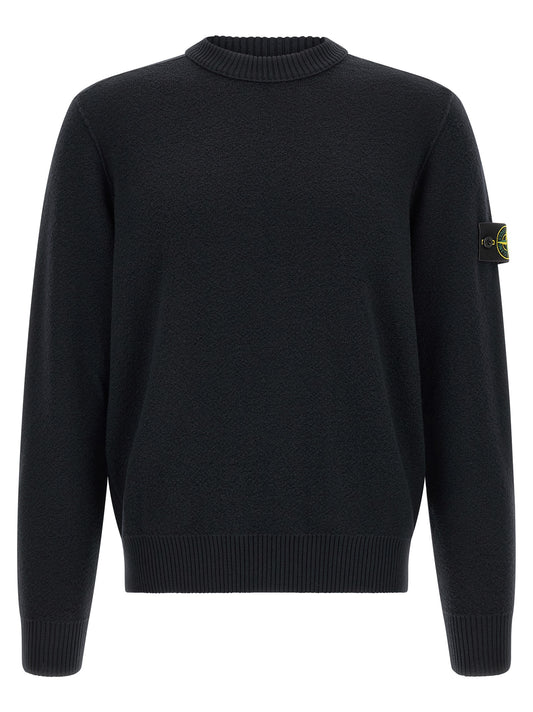 Cardigan by Stone Island for men in virgin wool blue features a dramatic silhouette, showcasing a sophisticated crew neckline and dramatic detail for a timeless, premium look.